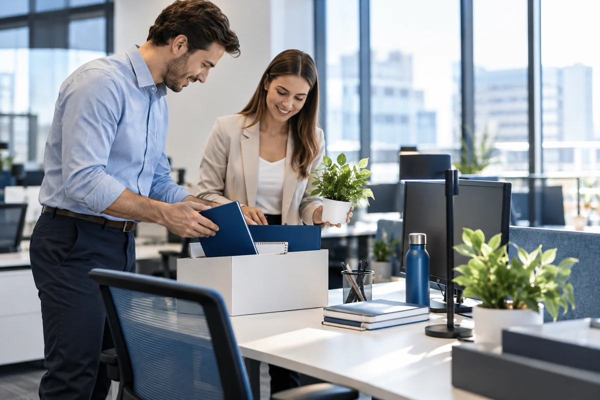 HR specialist and manager preparing an employee welcome workstation