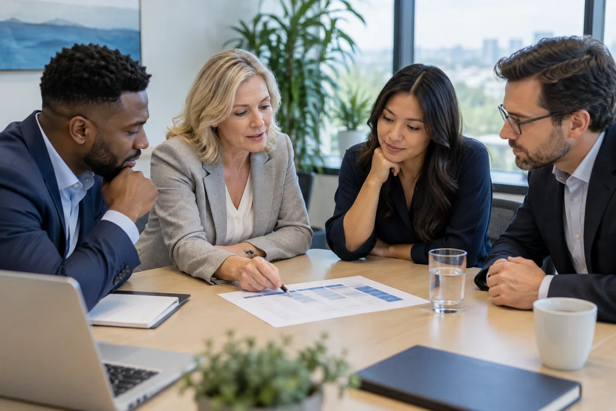 Business professionals comparing HR service requirements at a meeting table