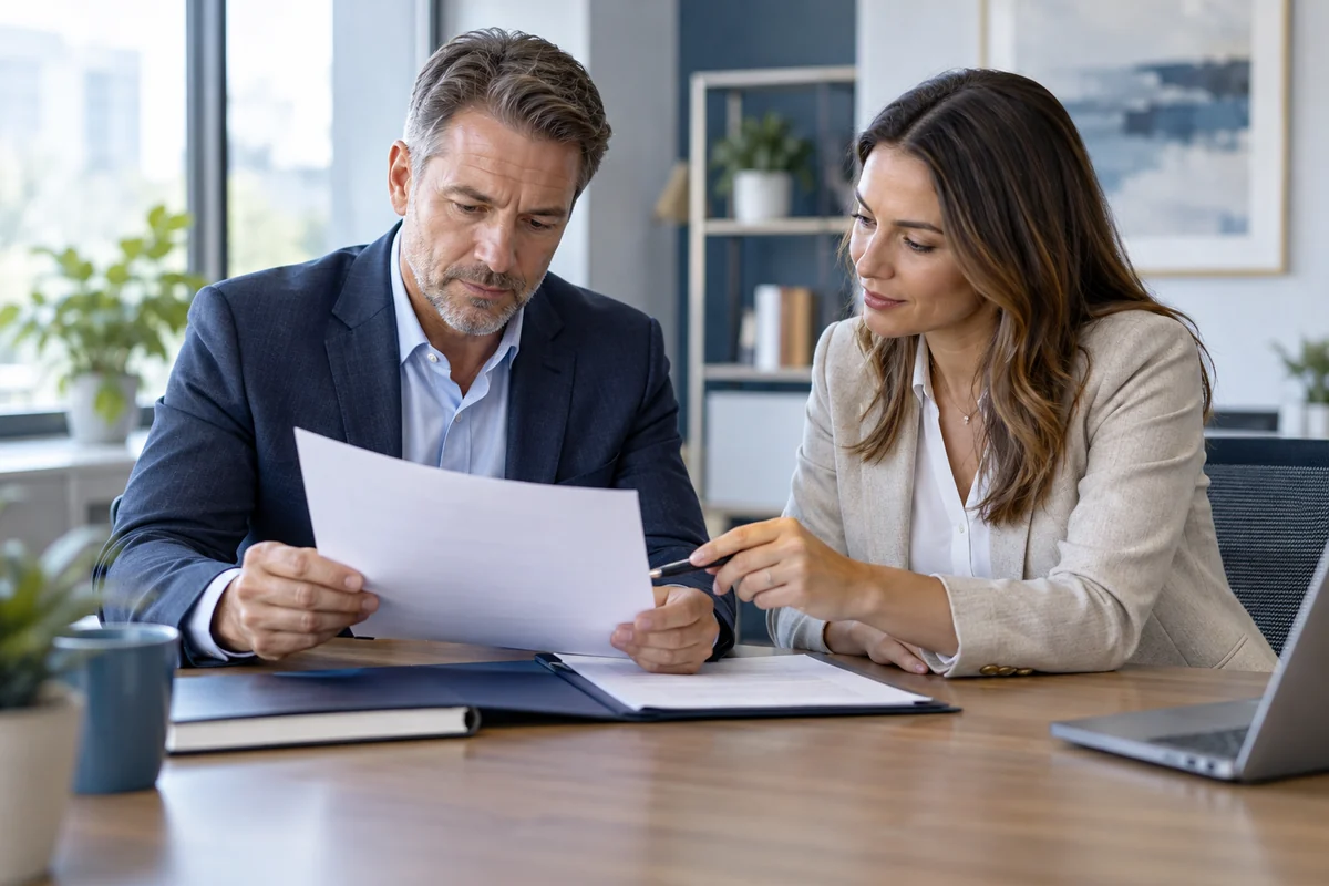 Business owner reviewing a service agreement beside an adviser