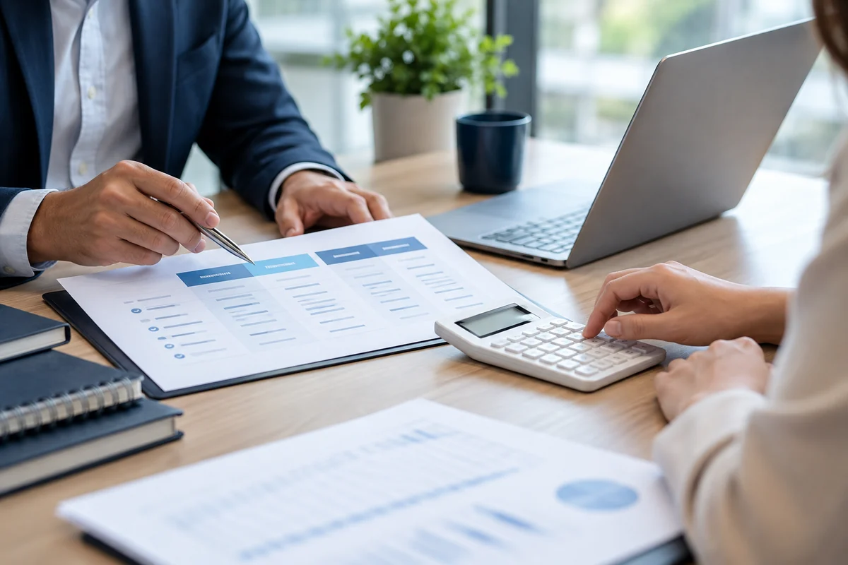 Hands comparing HR service proposals with a calculator and laptop