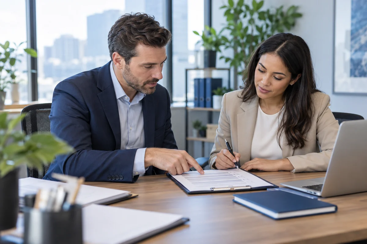HR coordinator and business manager reviewing a service support checklist