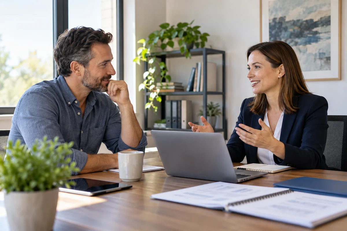Business owner and HR adviser discussing service responsibilities in an office
